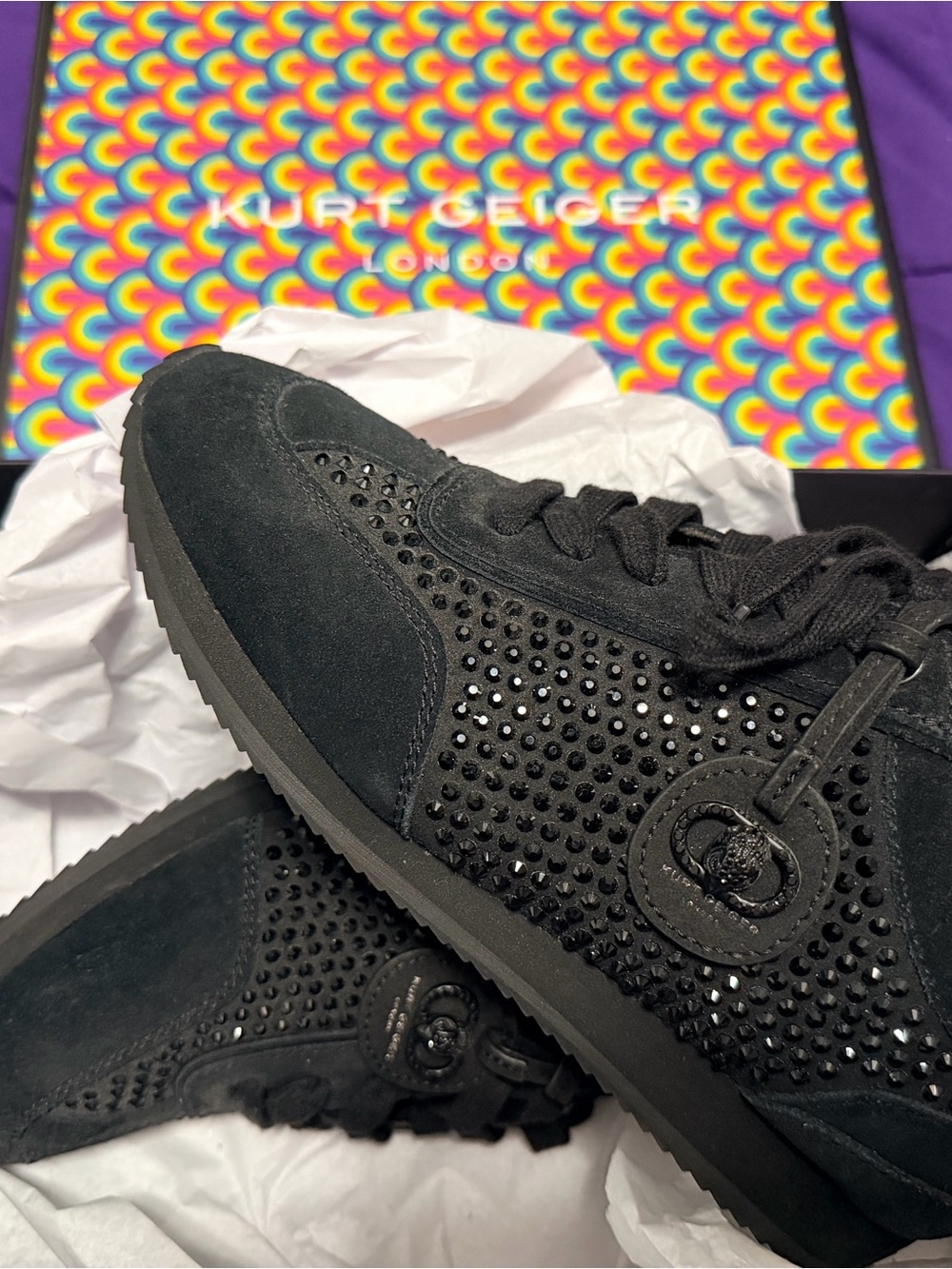 Kurt Geiger Black Crystal-Embellished Suede Sneakers